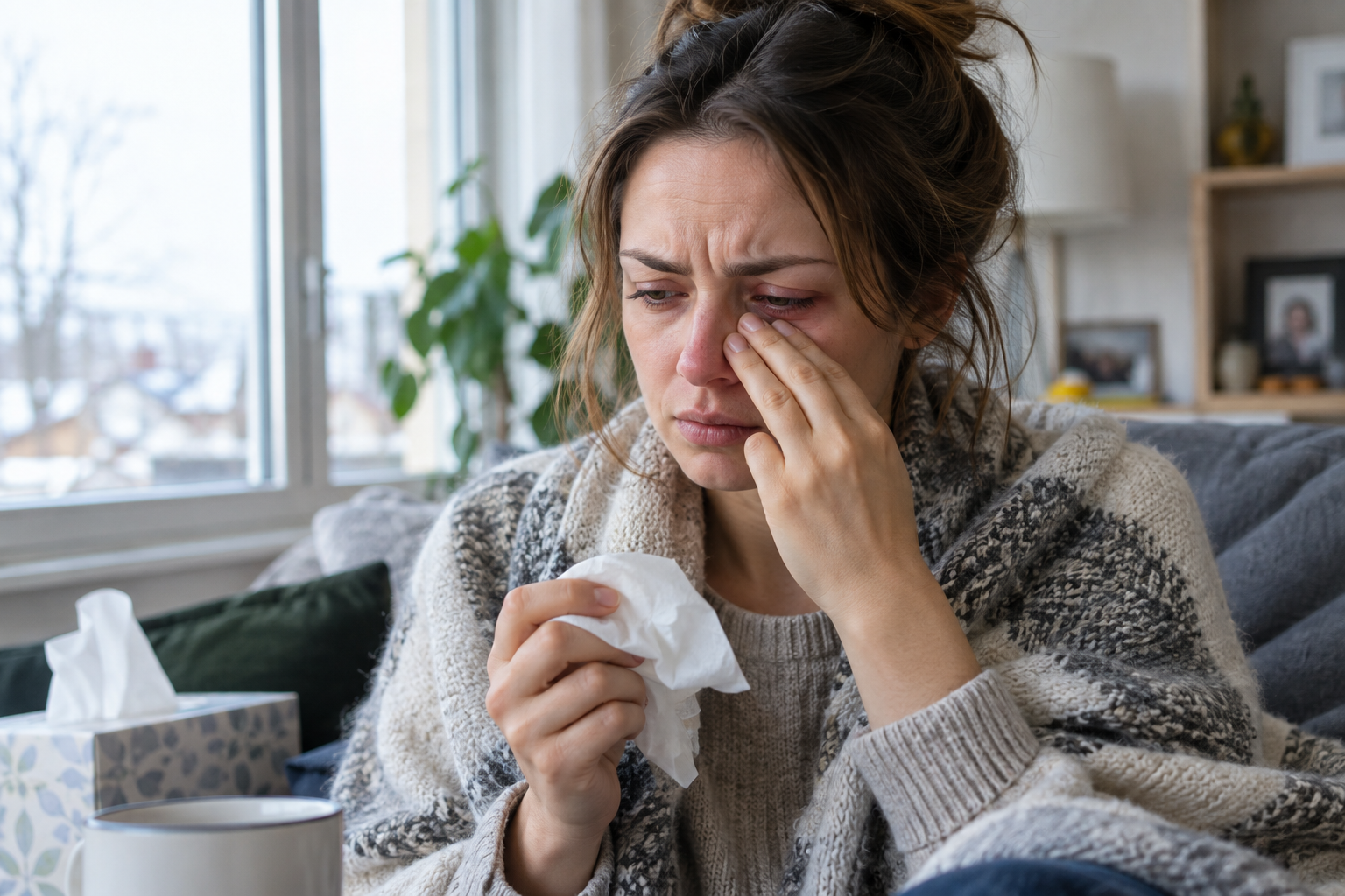 A person blowing their nose indoors