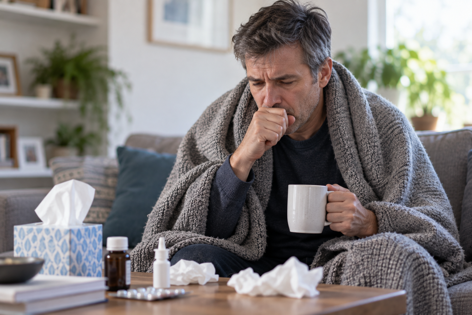 A person wrapped in a blanket with a hot drink and a box of tissues