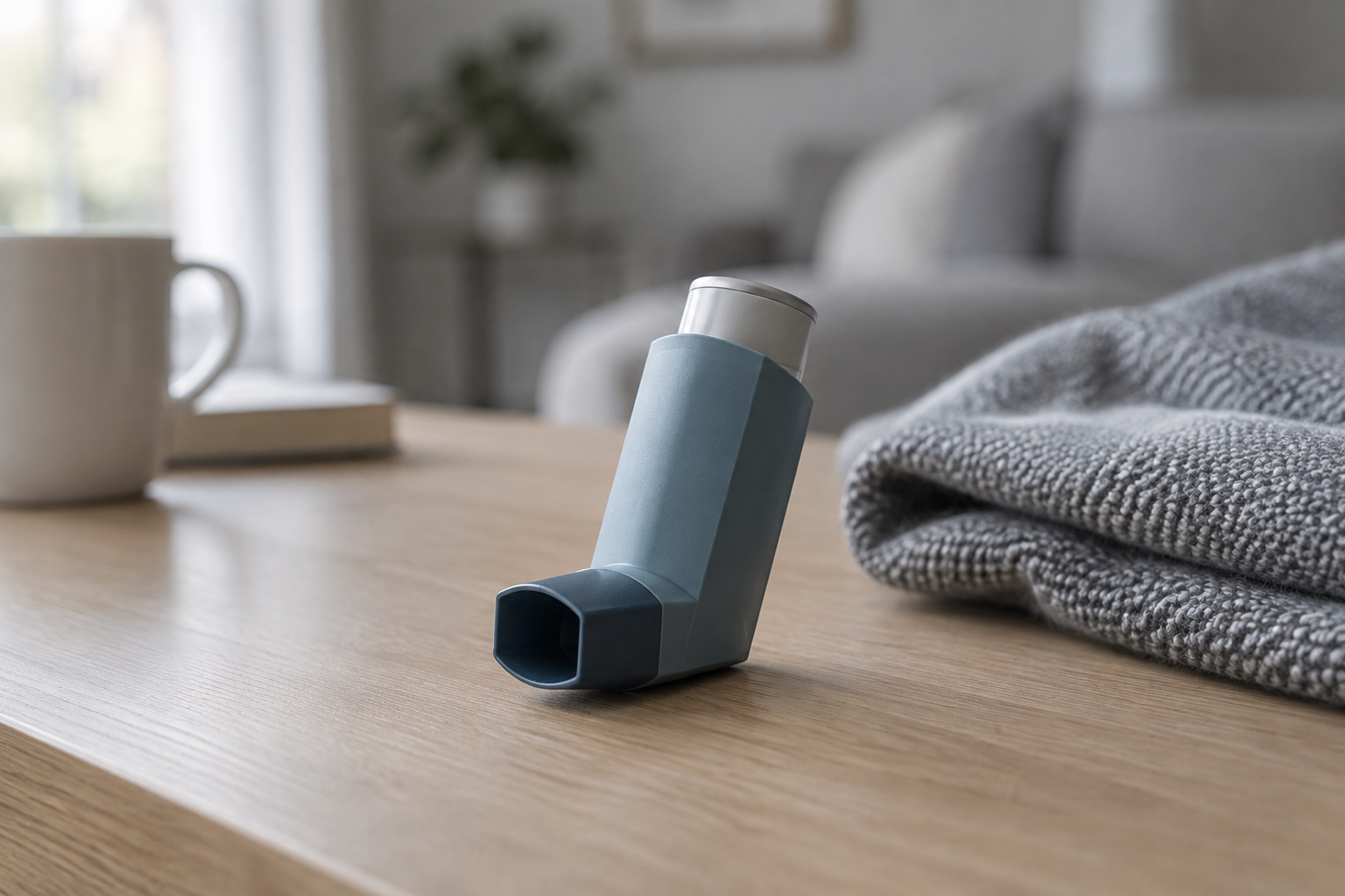 Rescue inhaler resting on a table in morning light