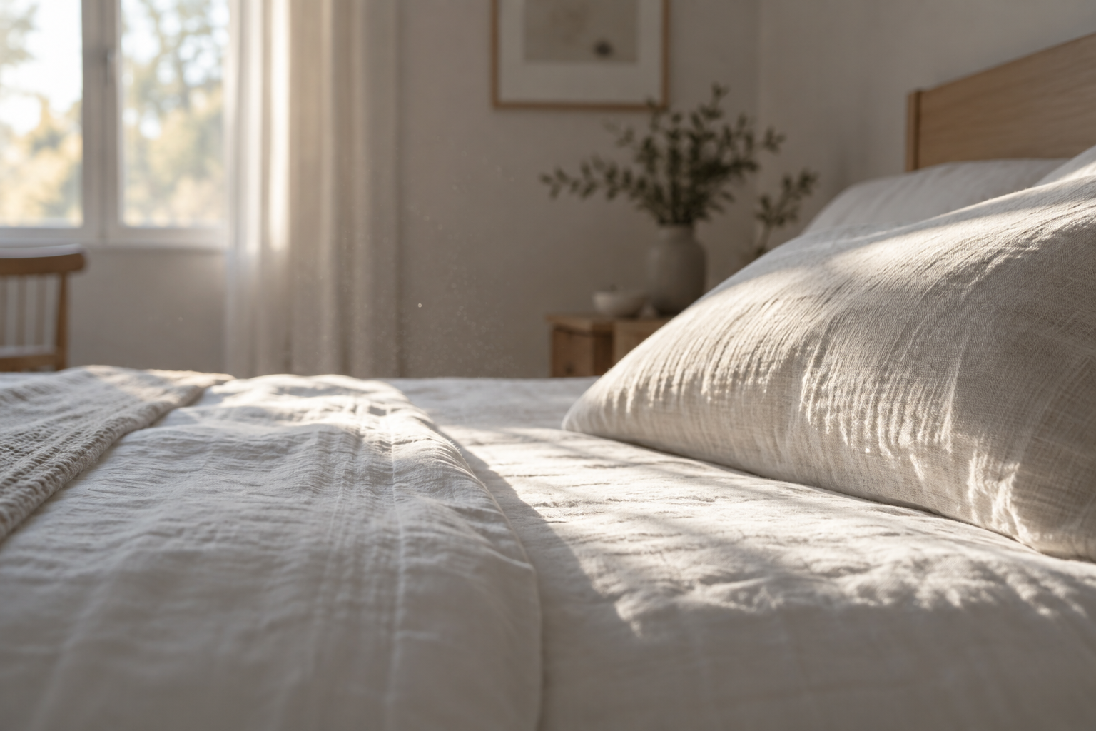 Neatly made bed with pillows and folded bedding in a sunlit bedroom