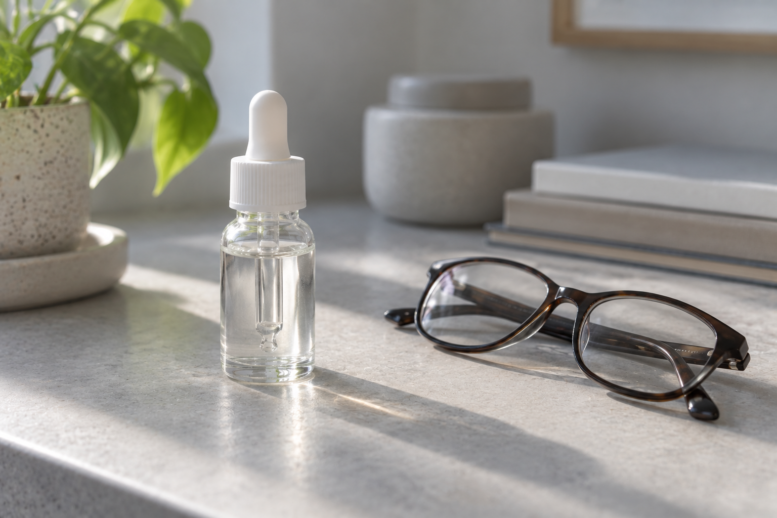 Glass dropper bottle beside folded reading glasses