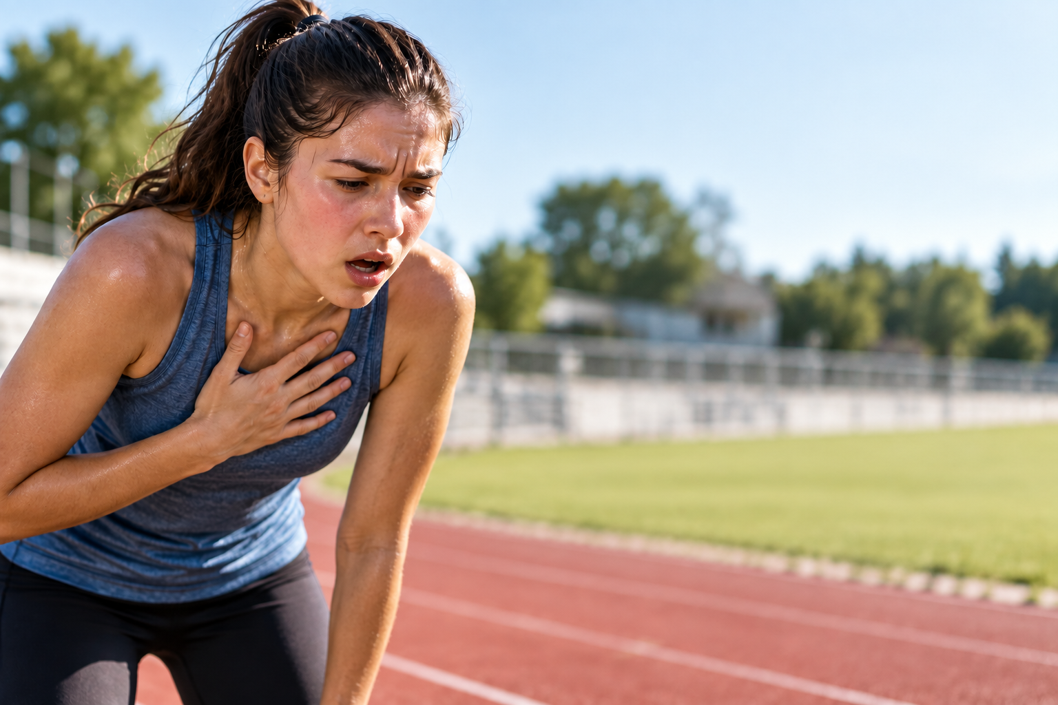 A runner pausing on a track with a hand to their chest