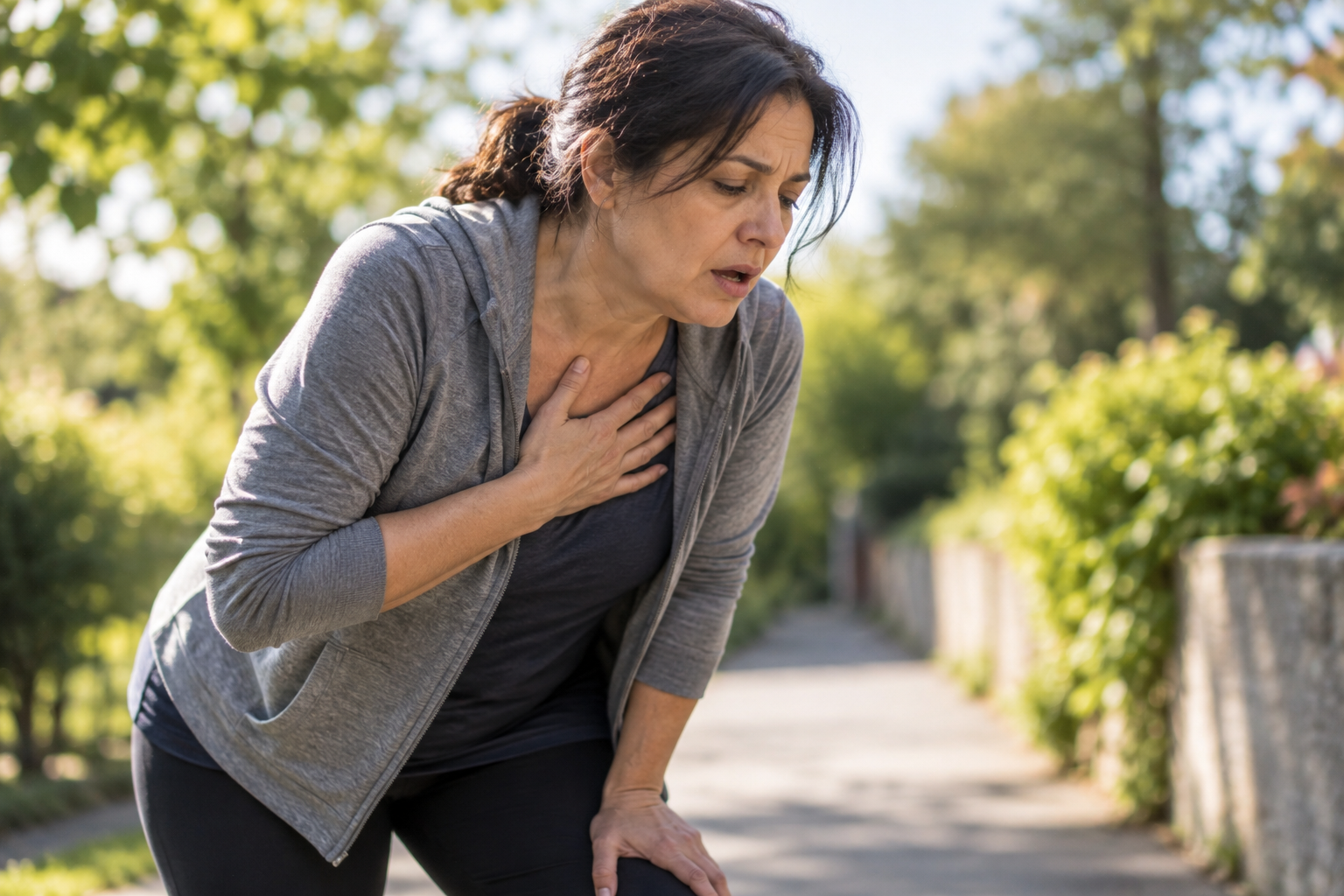 A person pausing outdoors with a hand to their chest