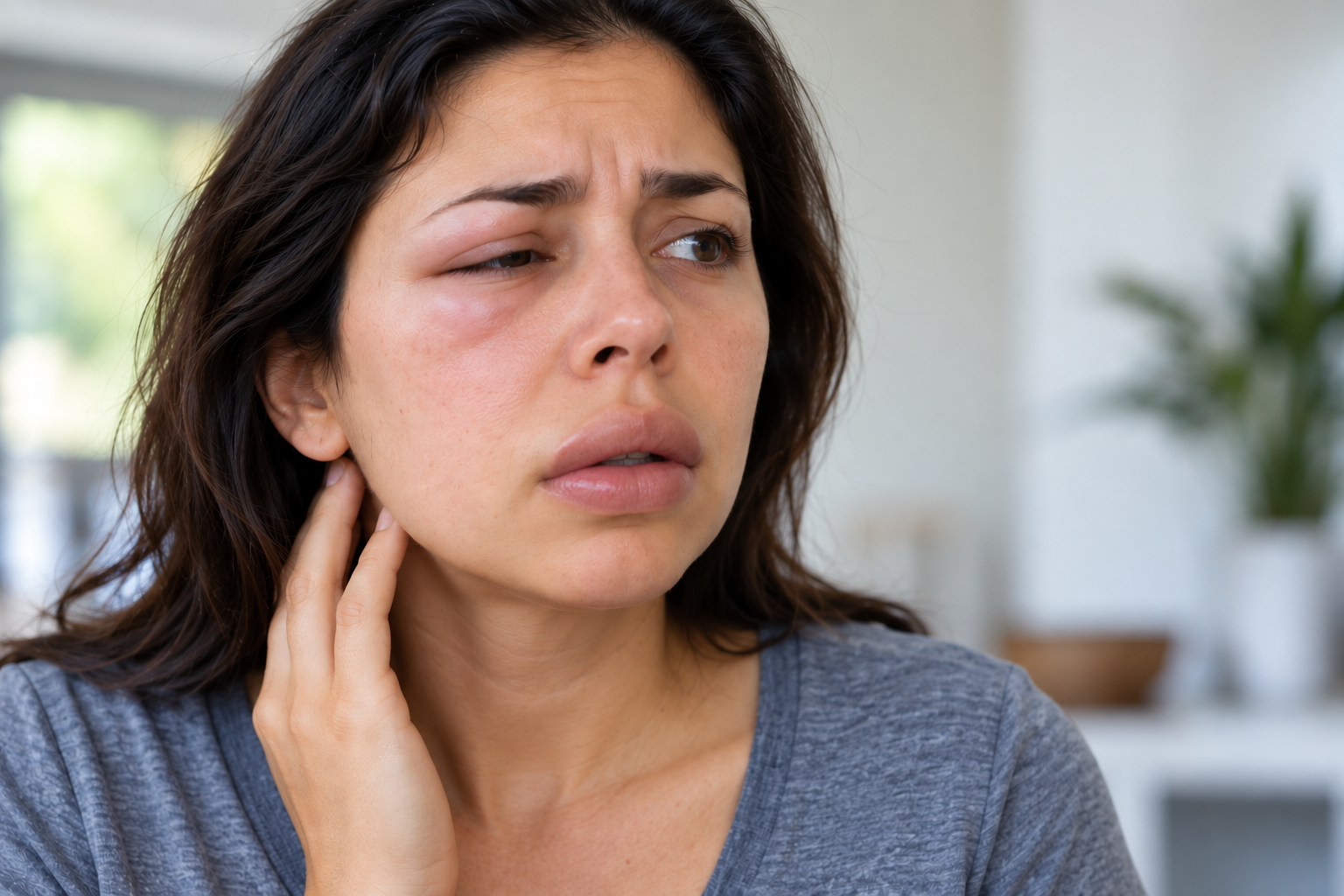 A person touching swelling on the side of their face and neck