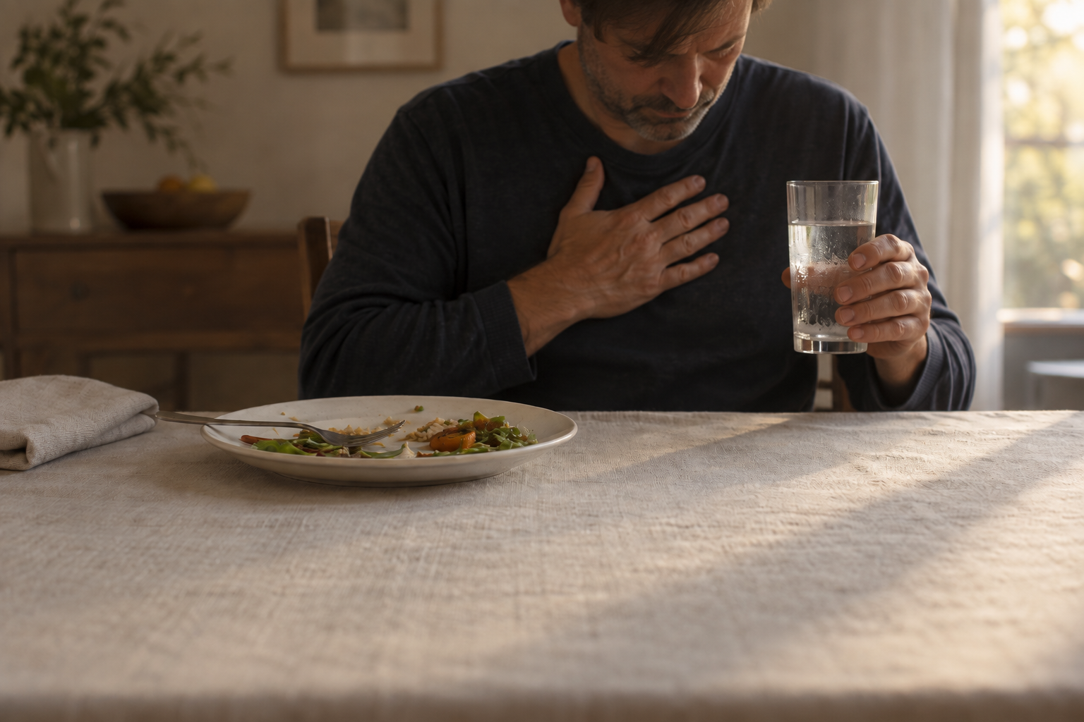 A person pausing mid-meal at a table with a glass of water